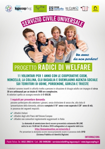 &quot;Radici di welfare&quot;: aperte le iscrizioni al bando per un anno di servizio civile nella cooperazione sociale